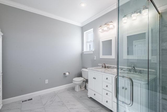 24345 State Rte Ww Unit 46, Saint Genevieve, MO 63670 - full bathroom featuring marble look tiles, crown molding, toilet, double vanity, and baseboards