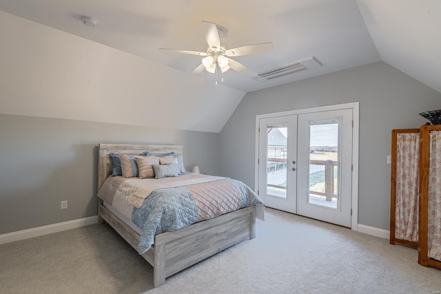 24345 State Rte Ww Unit 46, Saint Genevieve, MO 63670 - carpeted bedroom featuring access to outside, vaulted ceiling, french doors, ceiling fan, and baseboards