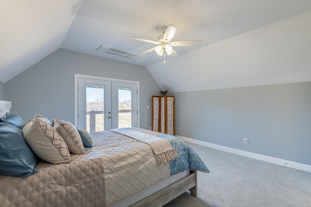 24345 State Rte Ww Unit 46, Saint Genevieve, MO 63670 - bedroom with french doors, access to outside, vaulted ceiling, carpet, and a ceiling fan