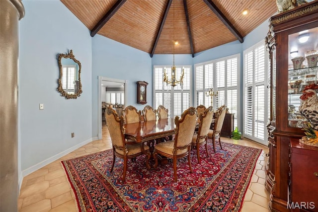 651 Kiefer Creek Rd, Ballwin, MO 63021 - dining area with wood ceiling, a chandelier, healthy amount of natural light, beam ceiling, and high vaulted ceiling