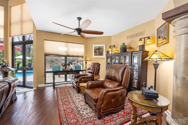 651 Kiefer Creek Rd, Ballwin, MO 63021 - living area with an office area, plenty of natural light, a ceiling fan, and wood-type flooring