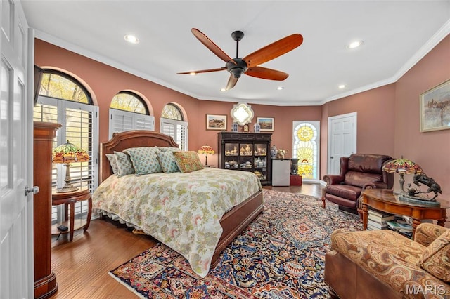 651 Kiefer Creek Rd, Ballwin, MO 63021 - bedroom featuring ornamental molding, recessed lighting, wood finished floors, and a ceiling fan