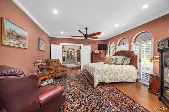 651 Kiefer Creek Rd, Ballwin, MO 63021 - bedroom with access to outside, wood finished floors, crown molding, recessed lighting, and ceiling fan