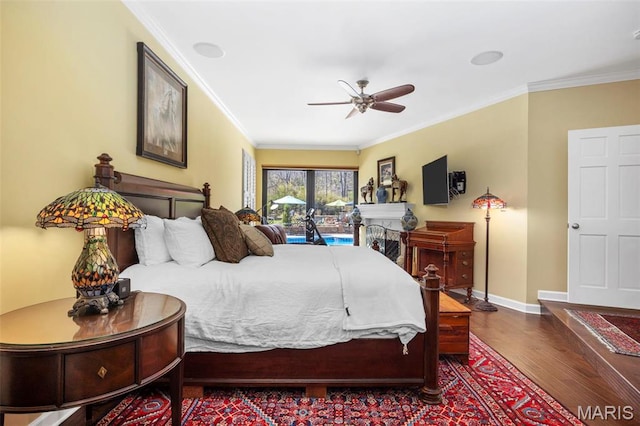 651 Kiefer Creek Rd, Ballwin, MO 63021 - bedroom featuring wood finished floors, ornamental molding, baseboards, a ceiling fan, and access to outside