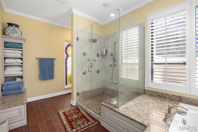 651 Kiefer Creek Rd, Ballwin, MO 63021 - full bathroom featuring ornamental molding, a stall shower, baseboards, and recessed lighting
