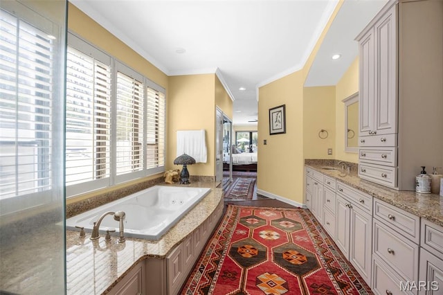 651 Kiefer Creek Rd, Ballwin, MO 63021 - full bathroom with ensuite bathroom, ornamental molding, a bath, and vanity