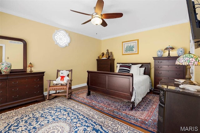 651 Kiefer Creek Rd, Ballwin, MO 63021 - bedroom with ornamental molding, baseboards, wood finished floors, and ceiling fan