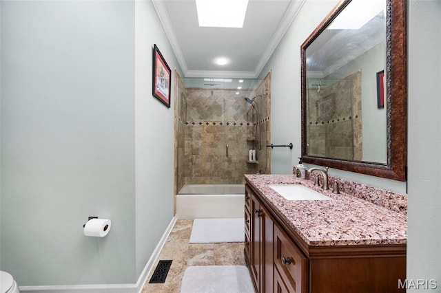 651 Kiefer Creek Rd, Ballwin, MO 63021 - full bath featuring ornamental molding, baseboards, vanity, toilet, and  shower combination