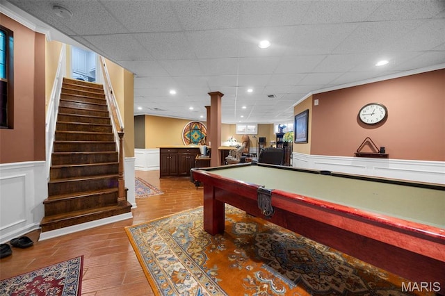 651 Kiefer Creek Rd, Ballwin, MO 63021 - playroom with wainscoting, billiards, wood finished floors, and bar area
