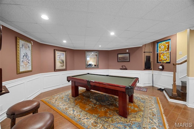 651 Kiefer Creek Rd, Ballwin, MO 63021 - game room with billiards, a wainscoted wall, a decorative wall, a paneled ceiling, and recessed lighting