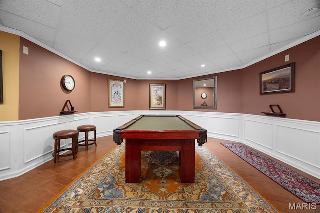 651 Kiefer Creek Rd, Ballwin, MO 63021 - playroom featuring wood finished floors, ornamental molding, a wainscoted wall, billiards table, and a decorative wall