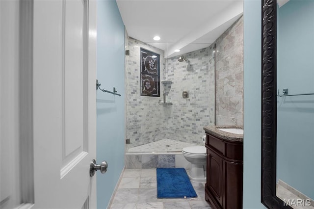 651 Kiefer Creek Rd, Ballwin, MO 63021 - bathroom with a shower stall, toilet, vanity, recessed lighting, and marble finish floors