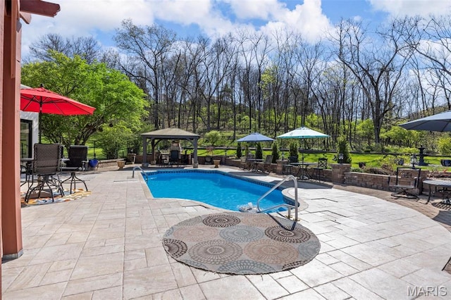 651 Kiefer Creek Rd, Ballwin, MO 63021 - outdoor pool with a gazebo, a patio, and outdoor dining space