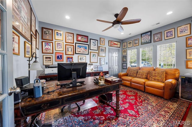 651 Kiefer Creek Rd, Ballwin, MO 63021 - office with a ceiling fan and recessed lighting