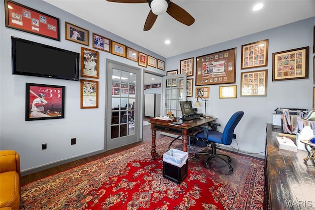 651 Kiefer Creek Rd, Ballwin, MO 63021 - home office with a ceiling fan, wood finished floors, recessed lighting, and baseboards
