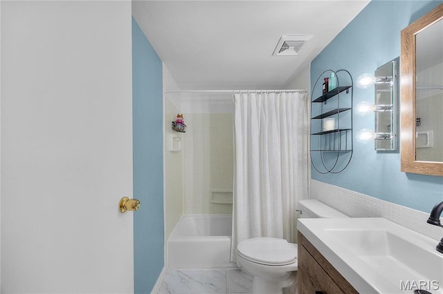 13419 Land O Woods Dr Unit 6, Saint Louis, MO 63141 - bathroom with vanity, toilet, shower / tub combo with curtain, and marble finish floors