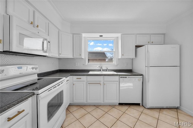 13419 Land O Woods Dr Unit 6, Saint Louis, MO 63141 - kitchen featuring white appliances, a sink, dark countertops, and ornamental molding