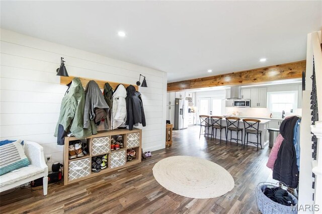11720 County Road 5160, Rolla, MO 65401 - mudroom featuring dark wood finished floors, healthy amount of natural light, wood walls, and recessed lighting
