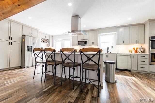 11720 County Road 5160, Rolla, MO 65401 - kitchen featuring appliances with stainless steel finishes, island exhaust hood, wood finished floors, a sink, and recessed lighting