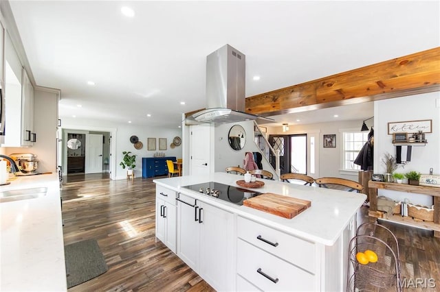 11720 County Road 5160, Rolla, MO 65401 - kitchen featuring black electric stovetop, open floor plan, island exhaust hood, dark wood-type flooring, and a sink