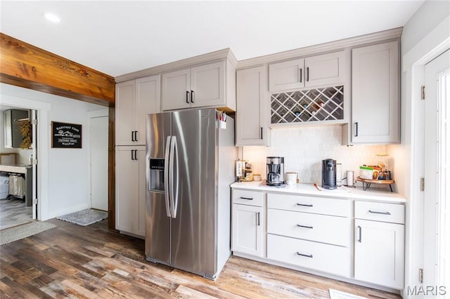11720 County Road 5160, Rolla, MO 65401 - kitchen featuring stainless steel fridge, gray cabinets, light countertops, light wood-type flooring, and recessed lighting