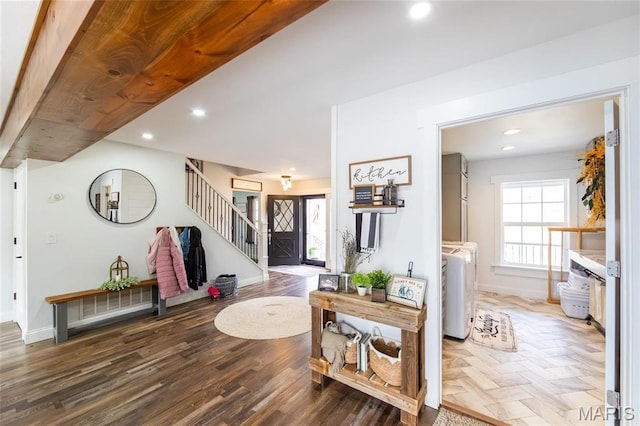 11720 County Road 5160, Rolla, MO 65401 - entryway featuring stairs, washing machine and dryer, recessed lighting, baseboards, and wood finished floors