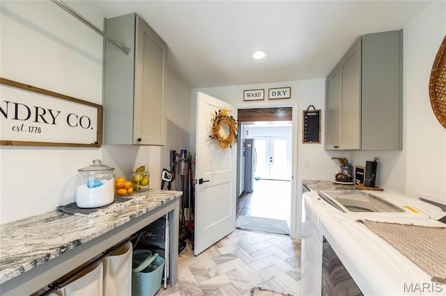 11720 County Road 5160, Rolla, MO 65401 - kitchen featuring gray cabinetry, light stone counters, washing machine and clothes dryer, and recessed lighting
