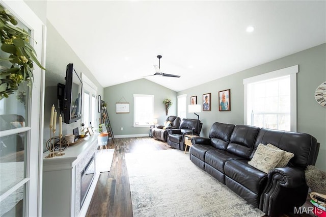 11720 County Road 5160, Rolla, MO 65401 - living room featuring wood finished floors, lofted ceiling, recessed lighting, baseboards, and a ceiling fan