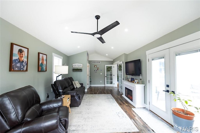 11720 County Road 5160, Rolla, MO 65401 - living room with french doors, plenty of natural light, vaulted ceiling, dark wood finished floors, and a ceiling fan