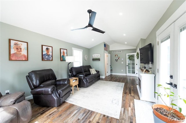11720 County Road 5160, Rolla, MO 65401 - living room with vaulted ceiling, a ceiling fan, healthy amount of natural light, dark wood finished floors, and baseboards