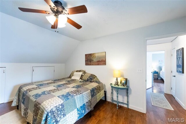 11720 County Road 5160, Rolla, MO 65401 - bedroom with wood finished floors, lofted ceiling, baseboards, and ceiling fan