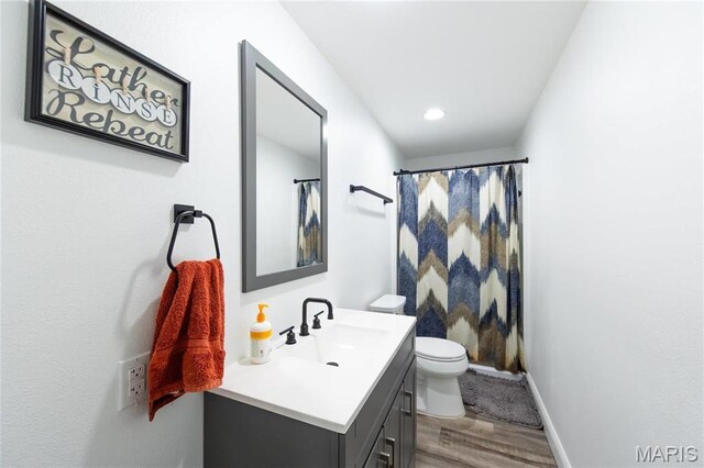 11720 County Road 5160, Rolla, MO 65401 - bathroom featuring wood finished floors, vanity, toilet, baseboards, and recessed lighting