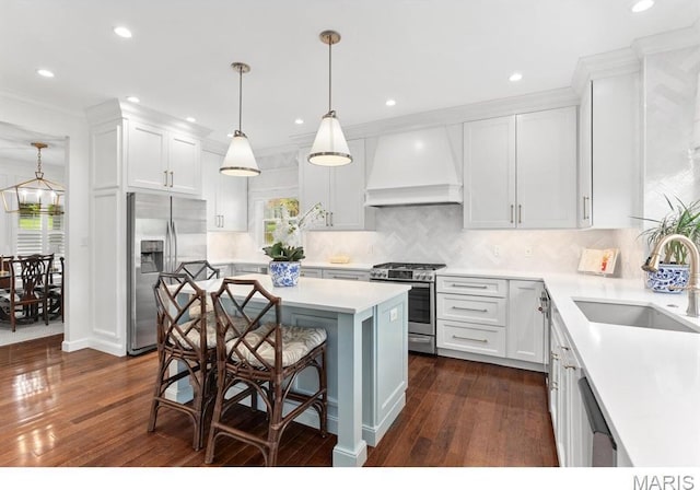 668 Clear Brook Dr, Des Peres, MO 63122 - kitchen with appliances with stainless steel finishes, custom exhaust hood, a sink, dark wood finished floors, and recessed lighting