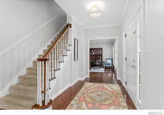 668 Clear Brook Dr, Des Peres, MO 63122 - foyer featuring hardwood / wood-style floors, stairway, ornamental molding, and baseboards
