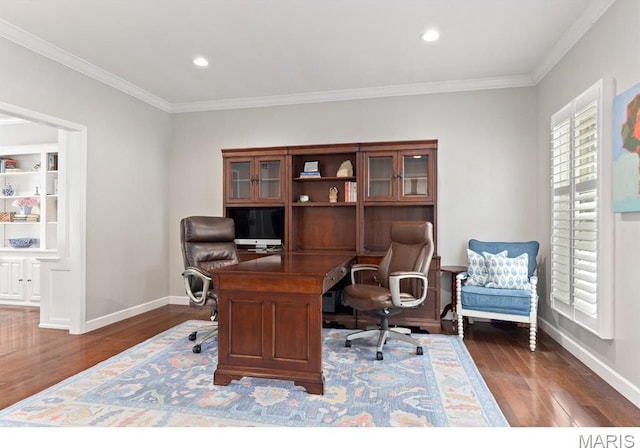 668 Clear Brook Dr, Des Peres, MO 63122 - office area with dark wood-style flooring, baseboards, ornamental molding, and recessed lighting