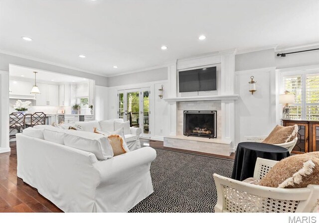 668 Clear Brook Dr, Des Peres, MO 63122 - living area featuring crown molding, dark wood-type flooring, a premium fireplace, and recessed lighting