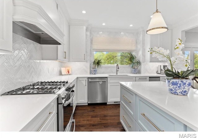 668 Clear Brook Dr, Des Peres, MO 63122 - kitchen featuring stainless steel appliances, a sink, custom exhaust hood, light countertops, and tasteful backsplash