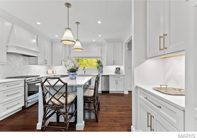 668 Clear Brook Dr, Des Peres, MO 63122 - kitchen featuring stainless steel appliances, custom exhaust hood, light countertops, decorative backsplash, and recessed lighting