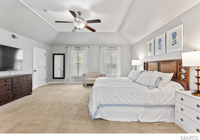 668 Clear Brook Dr, Des Peres, MO 63122 - bedroom featuring vaulted ceiling, carpet flooring, and a ceiling fan