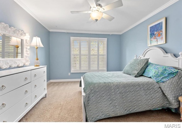 668 Clear Brook Dr, Des Peres, MO 63122 - bedroom featuring light colored carpet, ornamental molding, baseboards, and a ceiling fan