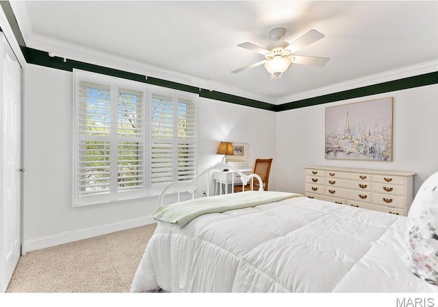 668 Clear Brook Dr, Des Peres, MO 63122 - bedroom featuring carpet floors, ornamental molding, baseboards, a closet, and a ceiling fan