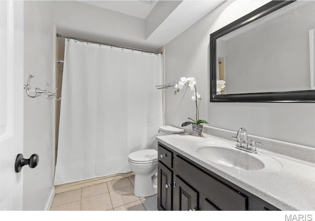 668 Clear Brook Dr, Des Peres, MO 63122 - bathroom with vanity, toilet, tile patterned floors, and a shower with shower curtain