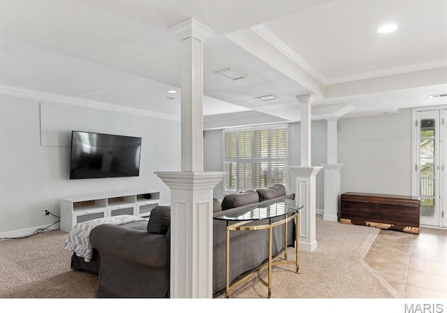 668 Clear Brook Dr, Des Peres, MO 63122 - living area featuring decorative columns, ornamental molding, and recessed lighting