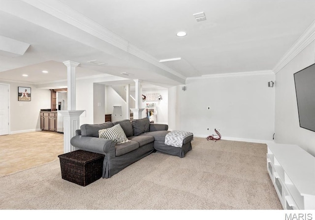 668 Clear Brook Dr, Des Peres, MO 63122 - living room featuring ornamental molding, carpet flooring, baseboards, ornate columns, and recessed lighting