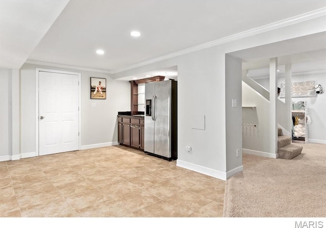 668 Clear Brook Dr, Des Peres, MO 63122 - kitchen featuring stainless steel refrigerator with ice dispenser, ornamental molding, recessed lighting, baseboards, and dark countertops
