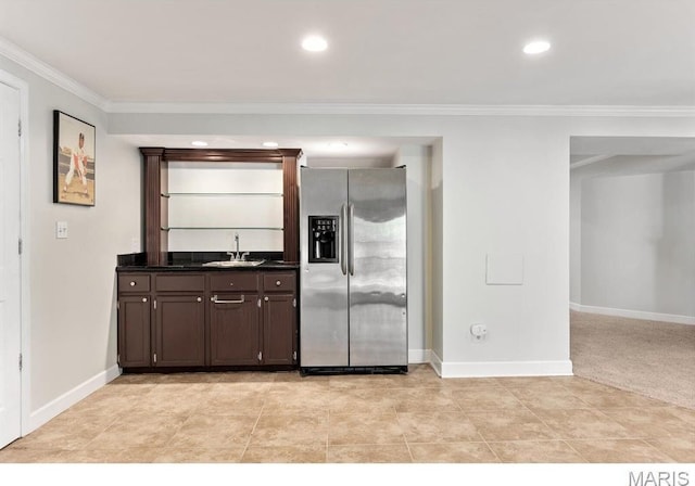 668 Clear Brook Dr, Des Peres, MO 63122 - kitchen featuring stainless steel refrigerator with ice dispenser, a sink, dark countertops, crown molding, and dark brown cabinets