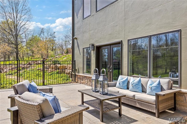 5 Glaizeview Rd, Town And Country, MO 63017 - view of patio / terrace featuring french doors, an outdoor living space, and fence