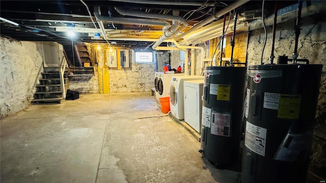 3683 Montana St, Saint Louis, MO 63116 - below grade area with water heater, independent washer and dryer, stairway, and electric panel