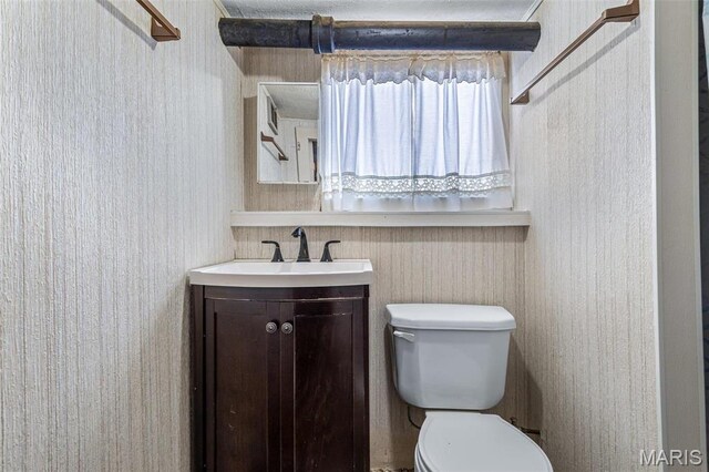 699 Clement Rd, Bloomsdale, MO 63627 - half bathroom with vanity, toilet, and wallpapered walls