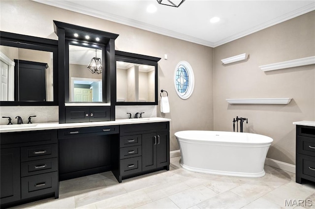 full bath featuring double vanity, crown molding, a soaking tub, baseboards, and recessed lighting